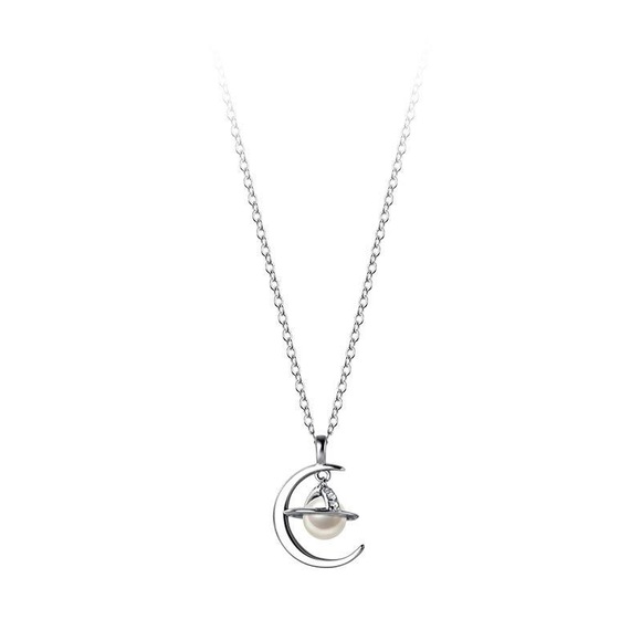 NEW S925 Sterling Silver Crescent Moon and Faux Pearl Planet Necklace - Picture 3 of 7